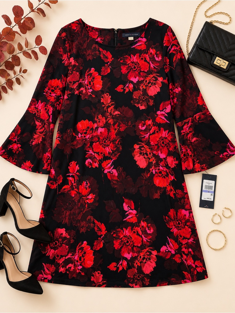 NWT Tommy Hilfiger Black Red Floral Bell Sleeve Shift Dress Size 18